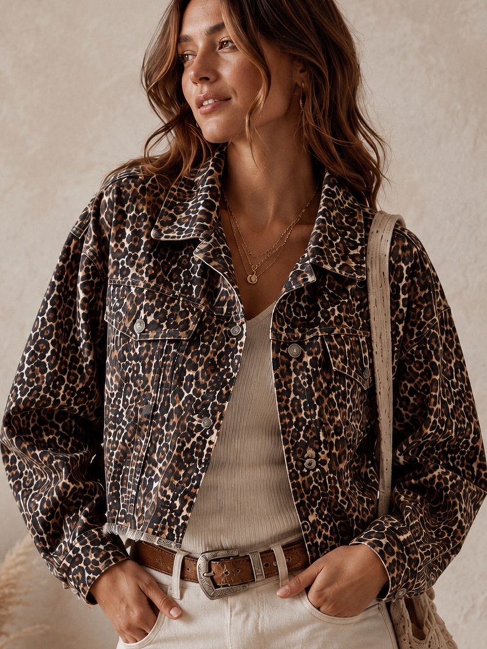 Free People Leopard Print Denim Jacket in Brown and Black